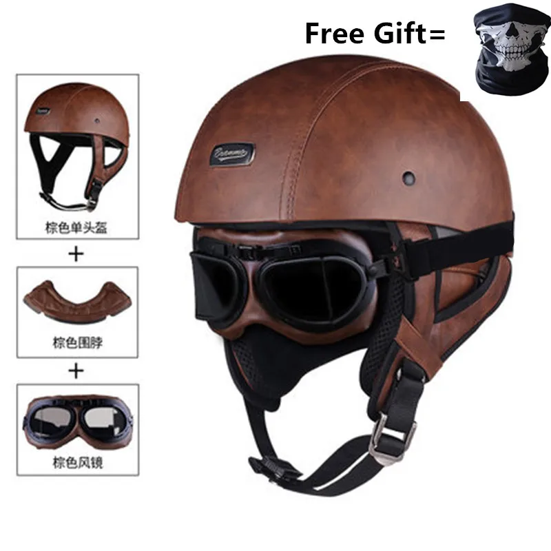 Мотоциклетный шлем из искусственной кожи, Скутер, Наполовину открытое лицо, ретро Винтажный стиль, Мотокросс Со снятым шейным платком