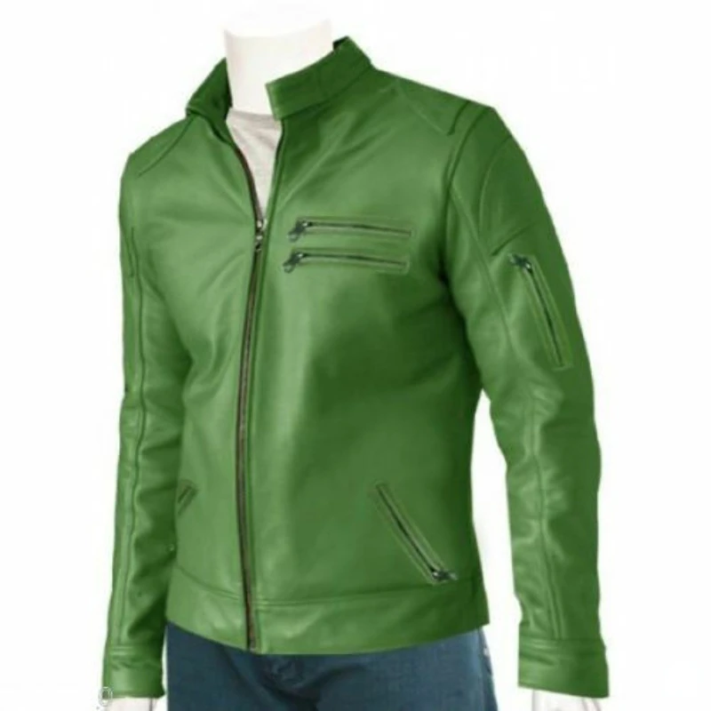 Мужские кожаные куртки, мотоциклетное пальто, куртка-бомбер, Байкерская зеленая Верхняя одежда из натуральной кожи, натуральная кожа