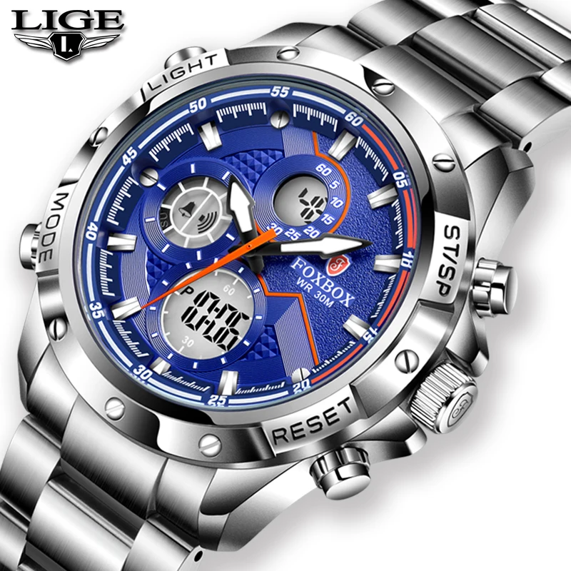 Мужские часы LIGE, Роскошные мужские часы из нержавеющей стали с двойным дисплеем, спортивные водонепроницаемые часы, Мужские светящиеся цифровые часы, наручные часы