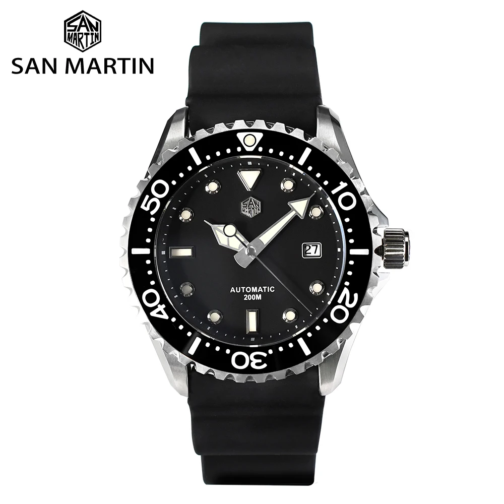 Мужские Часы San Martin 44mm PT5000 SW200 Date Diver Автоматические Механические Часы Водонепроницаемые Люминесцентные Сапфировые 20Bar Reloj SN0009