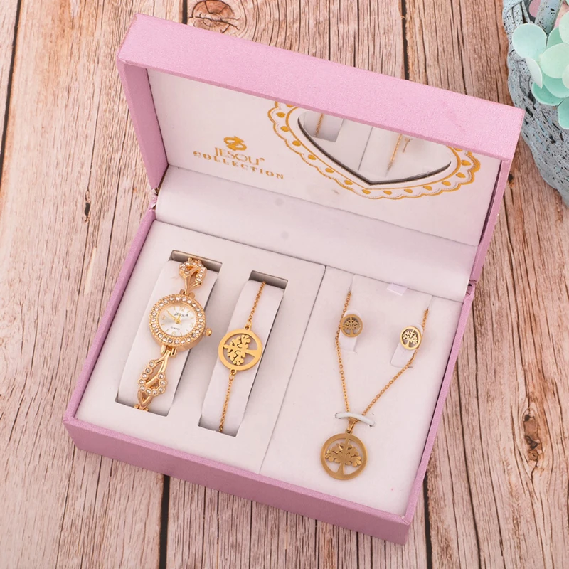 Набор женских кварцевых часов, Часы-браслет с кристаллами, Женский ювелирный набор, 4 предмета, браслет, Ожерелье, серьги, Часы, подарки для жены, мамы
