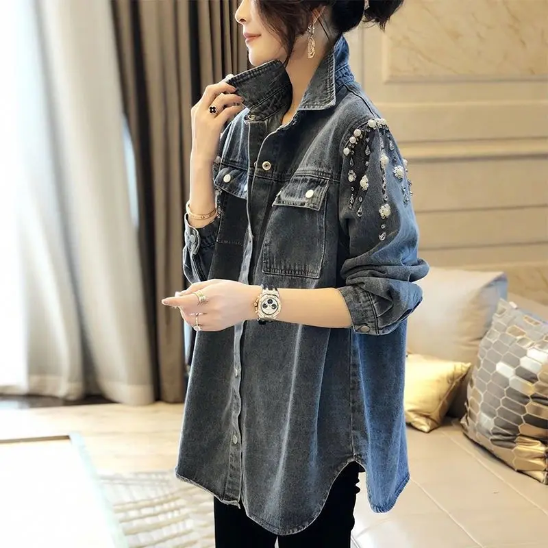 Новая джинсовая куртка для женщин, Винтажная джинсовая рубашка, Свободное пальто с длинным рукавом, Корейская модная Роскошная Дизайнерская одежда