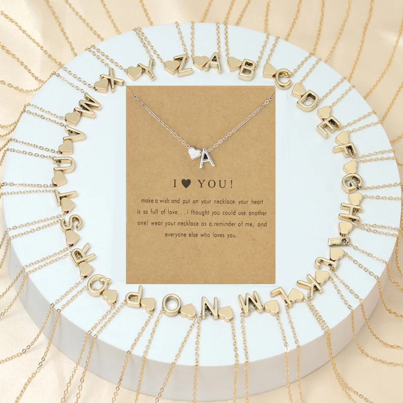 Новое ожерелье с инициалами Любви, Женское персиковое Сердечко, подвеска из 26 букв, карточка с инициалами, цепочка-ошейник