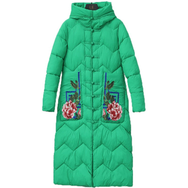Новые зимние женские толстовки с капюшоном, хлопковое пальто в китайском стиле, женская хлопковая верхняя одежда на пуговицах с вышивкой, Свободные Длинные парки
