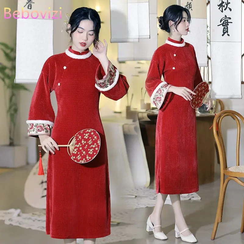 Новый стиль, осень-зима, Винтажное красное платье Ципао с длинным рукавом в китайском традиционном стиле, женская одежда
