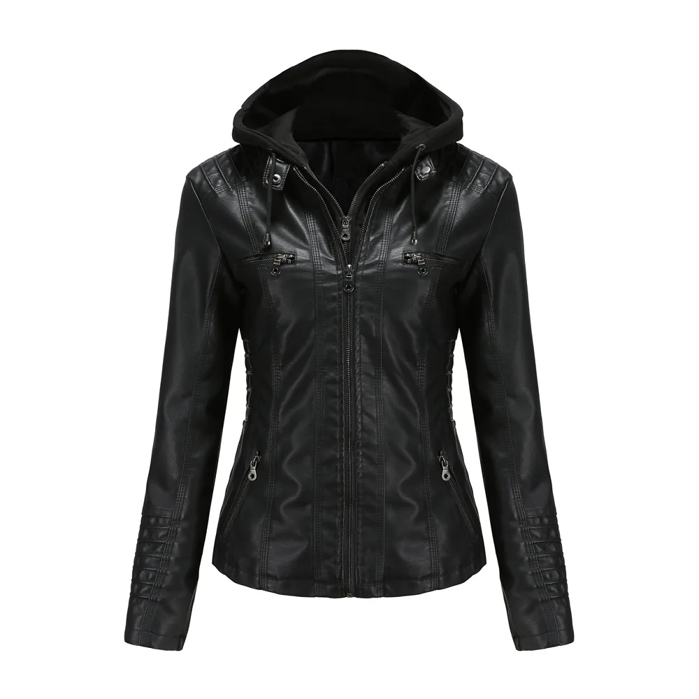 Осенне-Зимняя Женская Кожаная куртка С капюшоном, Съемные куртки из искусственной кожи, Мотоциклетное пальто на молнии с длинным рукавом, черная верхняя одежда XS-7XL