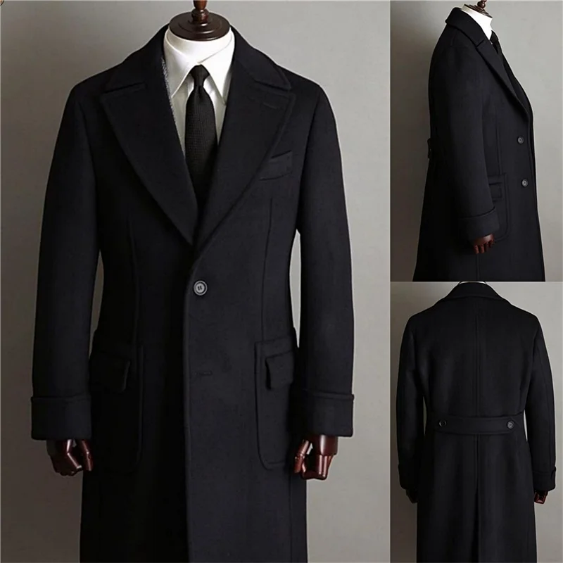 Официальные черные мужские костюмы из толстой шерсти на заказ, мужская куртка, Ветровка, Смокинги высокого качества, Блейзер с отворотом, деловое длинное пальто