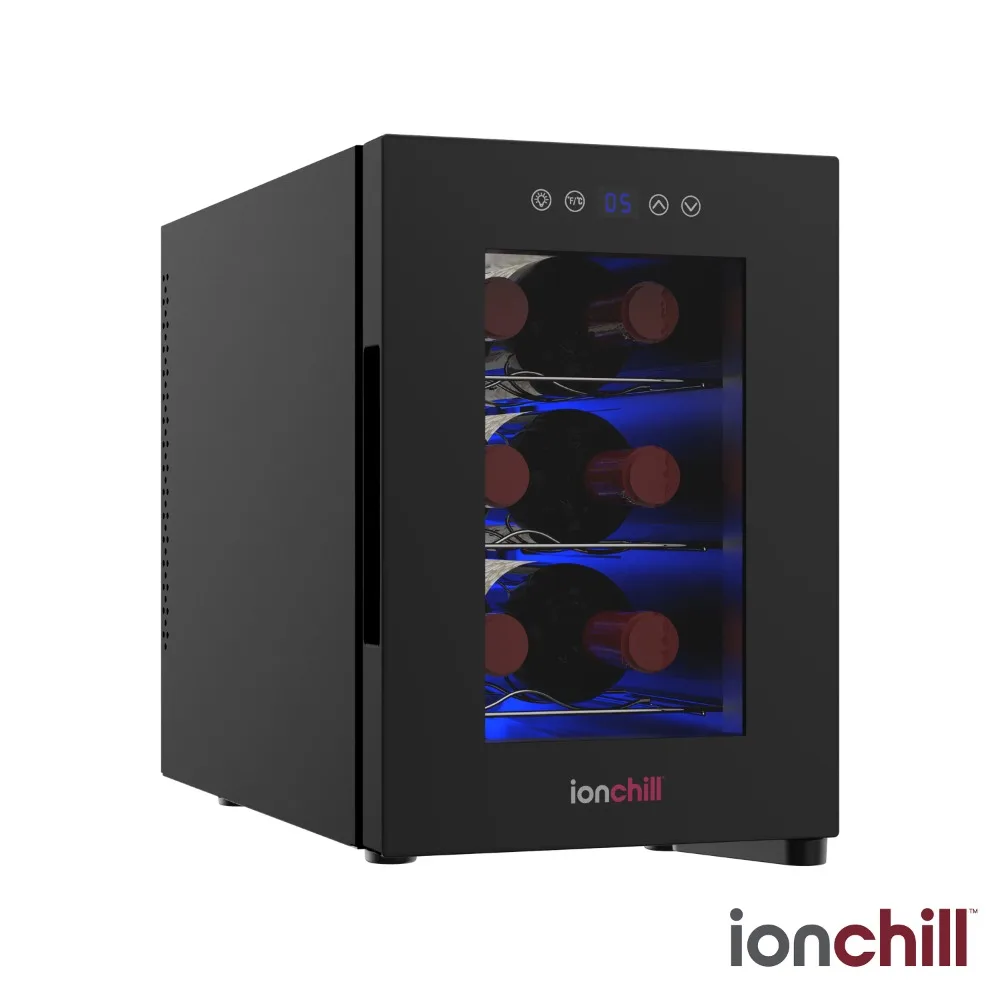 Охладитель вина Ionchill на 6 бутылок, Новый мини-холодильник со стандартной дверцей, винной полкой и регулятором температуры , 9,75 дюйма