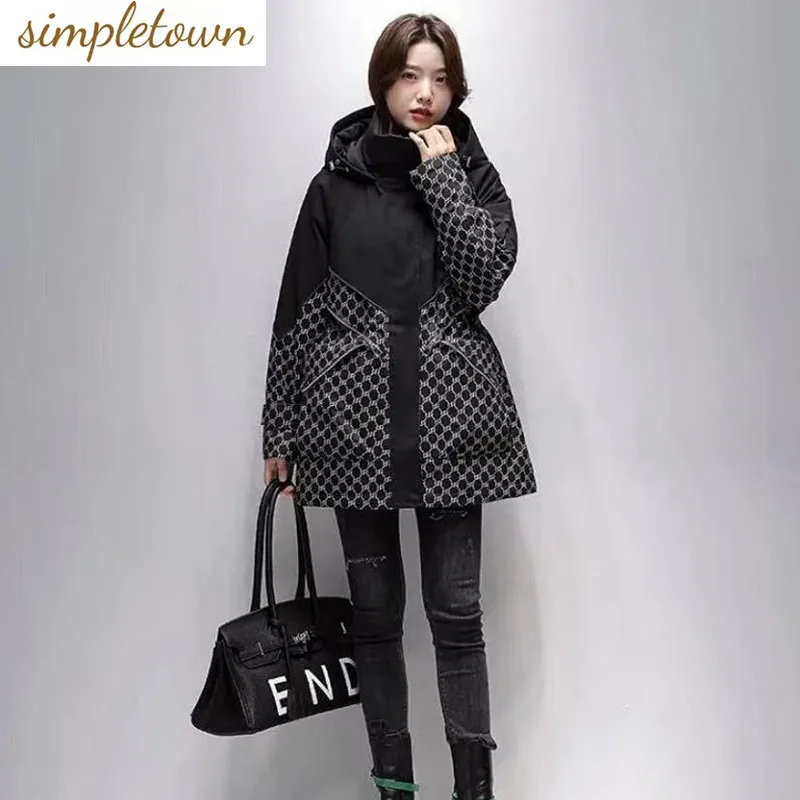 Пуховик средней длины для женщин 2023, корейская версия, Новый модный дизайн с капюшоном, Свободное осенне-зимнее женское пальто