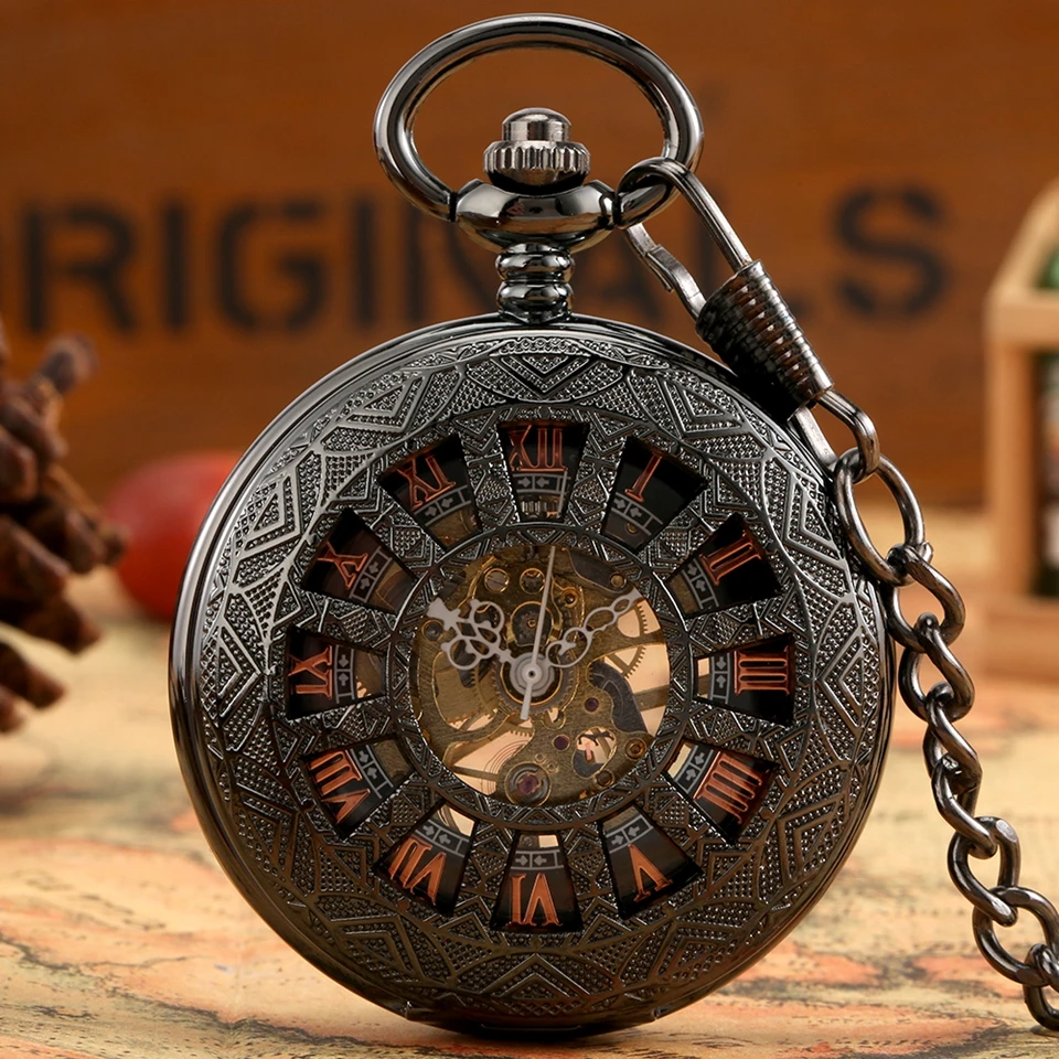 Ретро Черные Изысканные механические карманные часы с полой крышкой, Розовое золото, цифры, подвеска с циферблатом, карманные часы на цепочке высокого класса, подарки