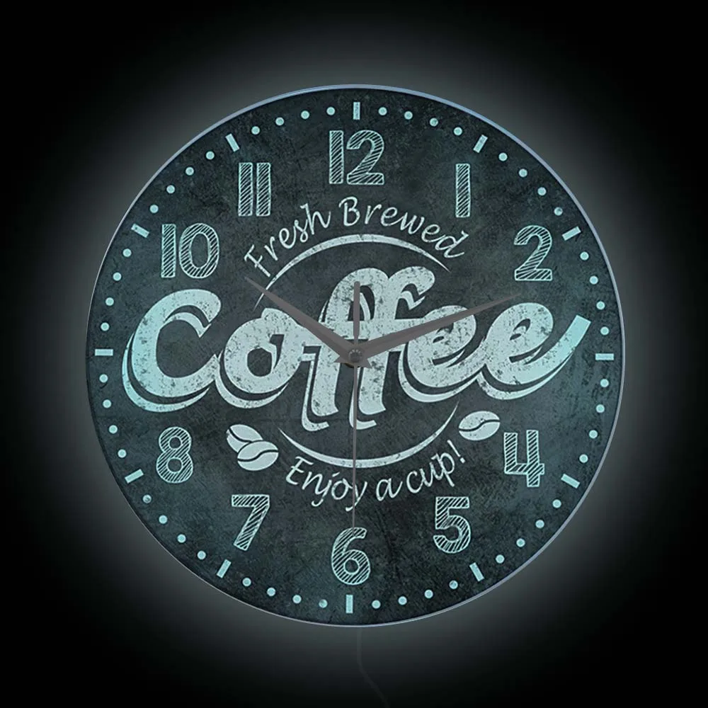 Свежесваренный Кофе Ретро Настенные часы С подсветкой Для Кухни, кафе, магазина, Вывеска, Кофейные зерна, светодиодные часы, Бесшумные часы