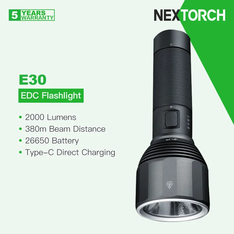 Светодиодный фонарик Nextorch E30 с батареей 26650, дальность луча 2000 Люмен, 380 м, Прямая подзарядка Type-C, режимы Turbo / SOS, EDC
