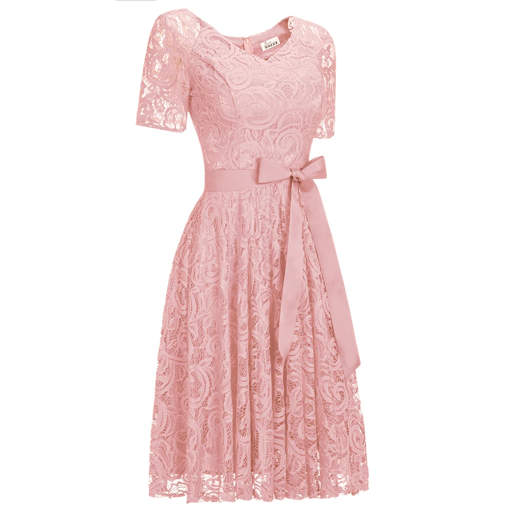сексуальное платье с v-образным вырезом, женские элегантные кружевные вечерние платья с коротким рукавом, модные розовые праздничные платья с бантом