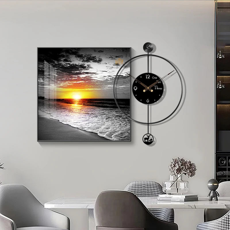 Современная светлая роскошная гостиная, подвесная картина, комбинированные часы с пейзажем, бесшумные подвесные настенные декоративные часы