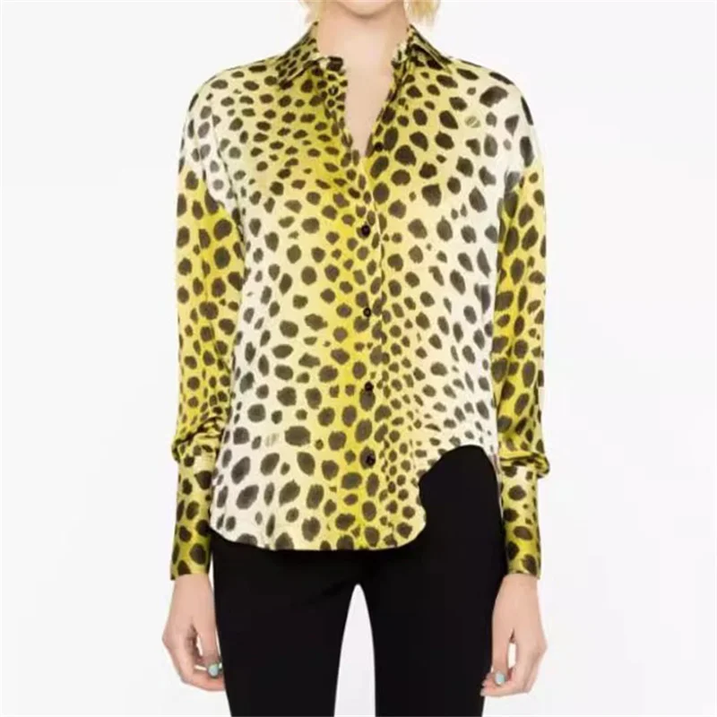 Стильная Женская блузка 2023, Осенняя новинка, корейская мода, Женская рубашка с леопардовым принтом, Высококачественный градиентный топ с длинными рукавами