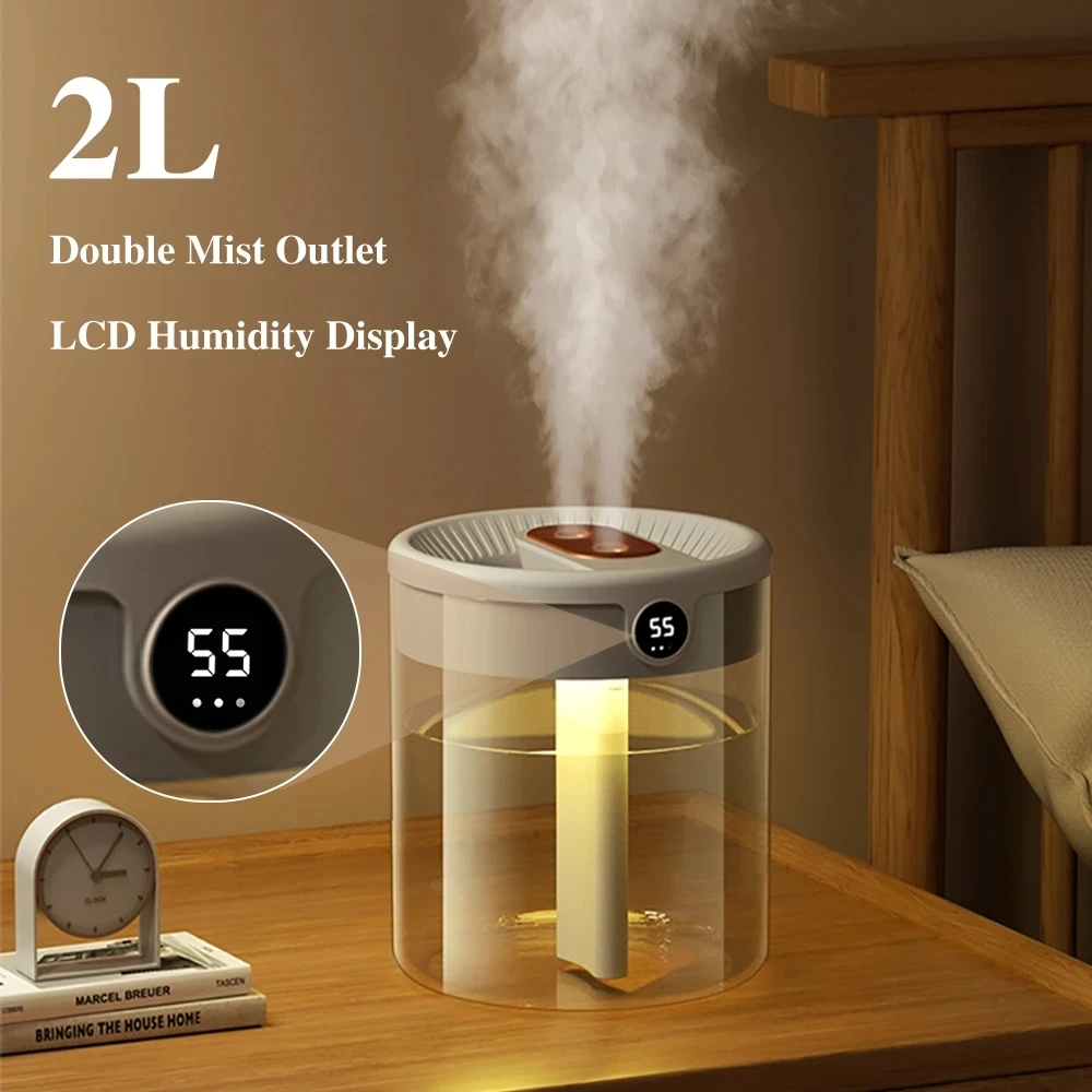 Увлажнитель воздуха H2o 2L Большой емкости с двойной насадкой и ЖК-дисплеем влажности, Диффузор ароматических эфирных масел для дома, Портативный USB