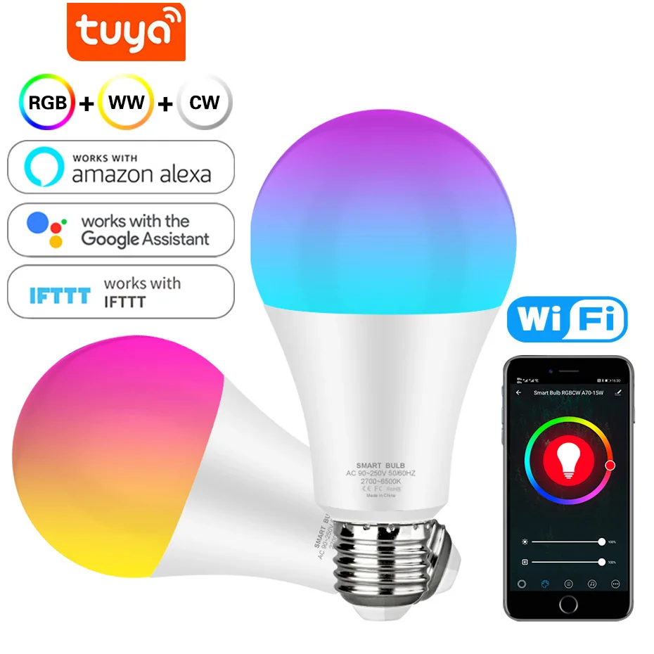Умная Лампочка Tuya E27 Wifi RGB Лампа 15 Вт 20 Вт, Меняющая Цвет, С Регулируемой Яркостью, 110 В 220 В, Совместимая С Приложением Alexa Google Home
