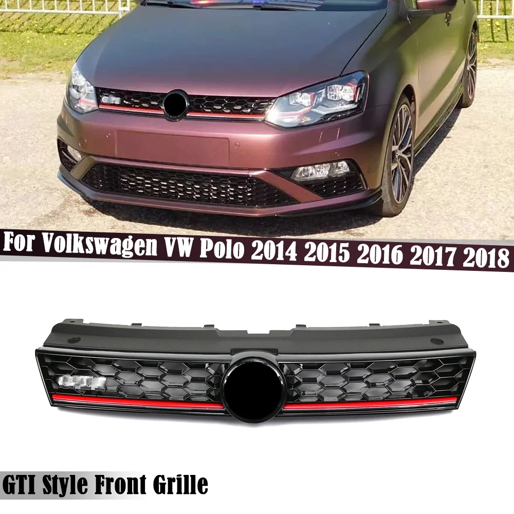 Центральная решетка переднего бампера автомобиля, сотовая шестигранная сетка, Верхняя решетка в стиле GTI Для Volkswagen VW Polo 2014 2015 2016 2017 2018