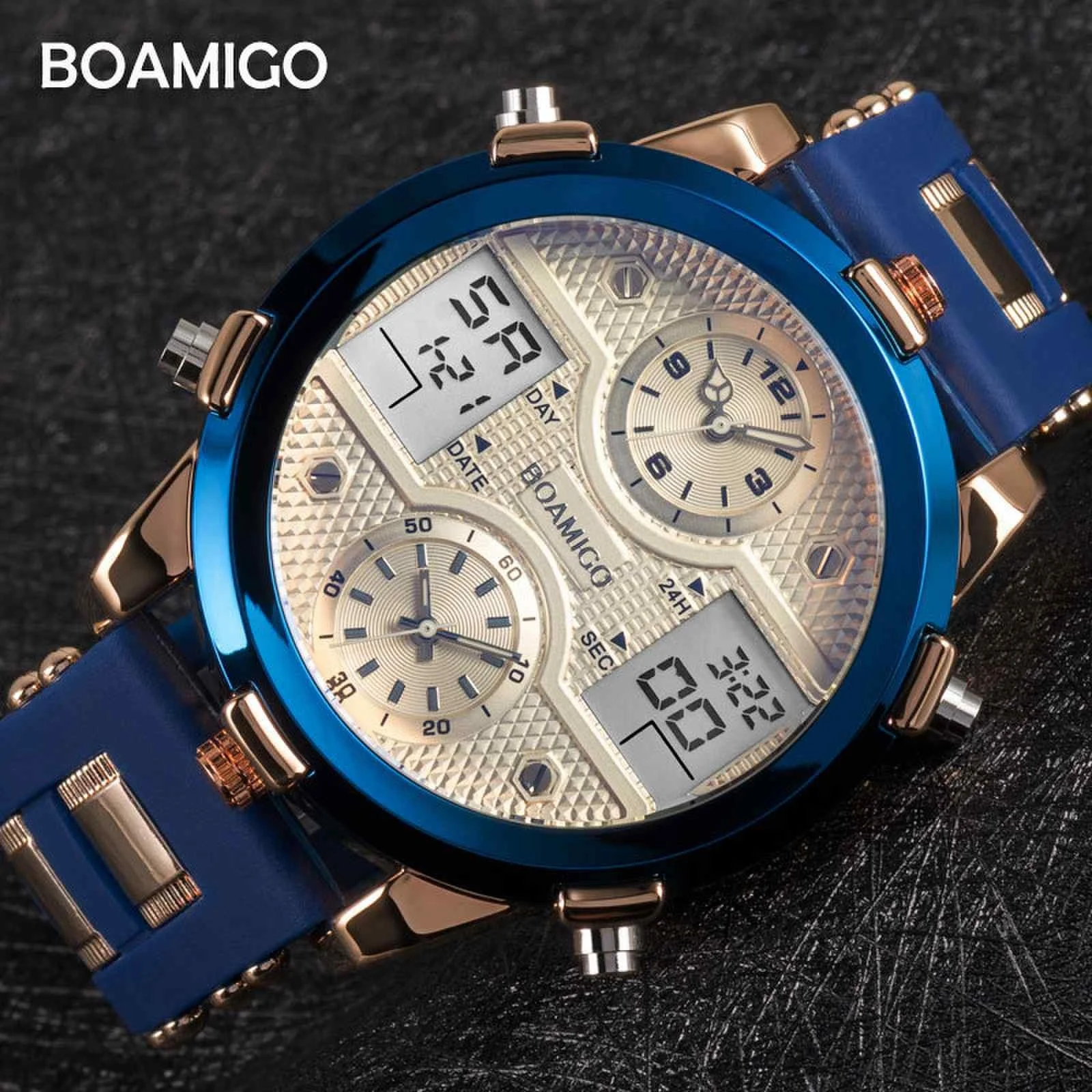 Часы BOAMIGO, люксовый бренд, мужские спортивные модные кварцевые светодиодные студенческие цифровые часы с 3 часами, синие военные часы для мужчин Relogio Masculino