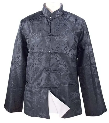 Черная с серебром Обратимая китайская традиционная мужская куртка из шелкового атласа Кунг-фу с длинными рукавами, Рубашка, пальто YF1081