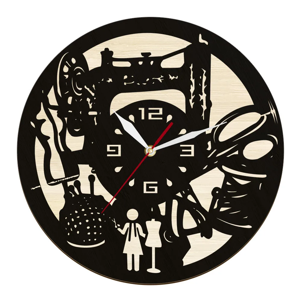 Швейная машинка с инструментами, Деревянные аналоговые настенные часы для швейной мастерской, Экологически чистые настенные часы в деревенском стиле из натурального дерева